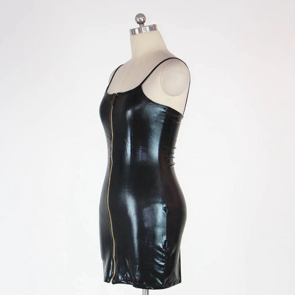 Vinyl Leather Mini Dress Women Sexy Front Zipper Spaghetti Strap Black Leather Dress Summer Fetish Night Clubwear Skinny Dress (9)