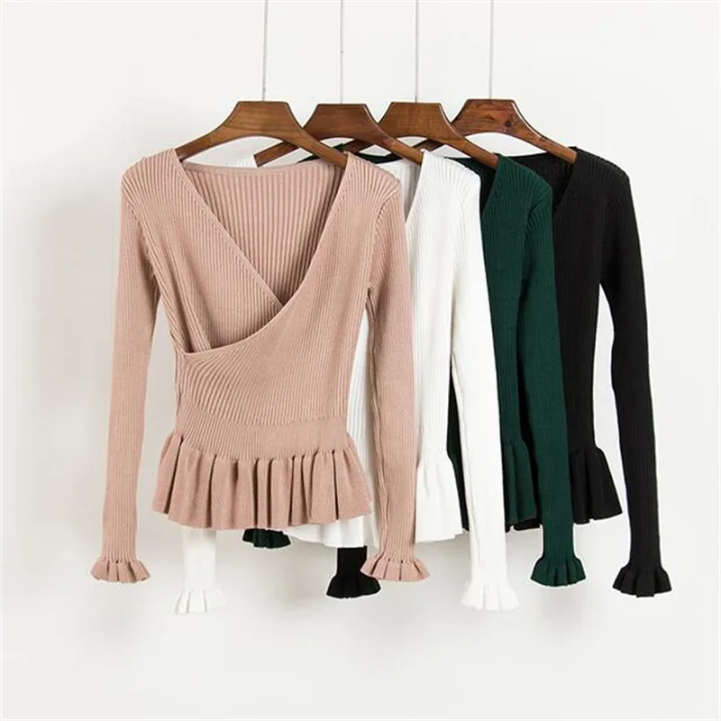 Women V-neck Sexy Sweater flare sleeve Pullover Autumn Winter Knitted Sweater ruffles Jumper Women Tops
Women V-neck Sexy Sweater flare sleeve Pullover Autumn Winter Knitted Sweater ruffles Jumper Women Tops