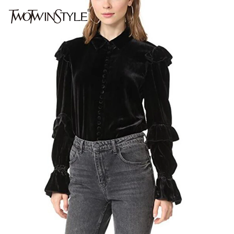 TWOTWINSTYLE Velvet Shirts Womens Ruffles Flare Sleeve Lapel Collar Single Breasted Blouse Female 2019 Spring Fashion Clothing
TWOTWINSTYLE Velvet Shirts Womens Ruffles Flare Sleeve Lapel Collar Single Breasted Blouse Female 2019 Spring Fashion Clothing