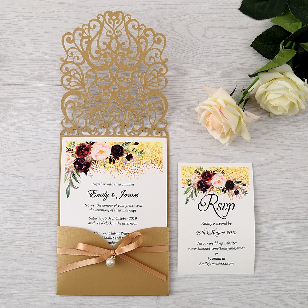 100pcs Gold New Arrival Horizontal Laser Cut Wedding Invitations with RSVP card,pearl ribbon,CW25001B,Customizable
100pcs Gold New Arrival Horizontal Laser Cut Wedding Invitations with RSVP card,pearl ribbon,CW25001B,Customizable