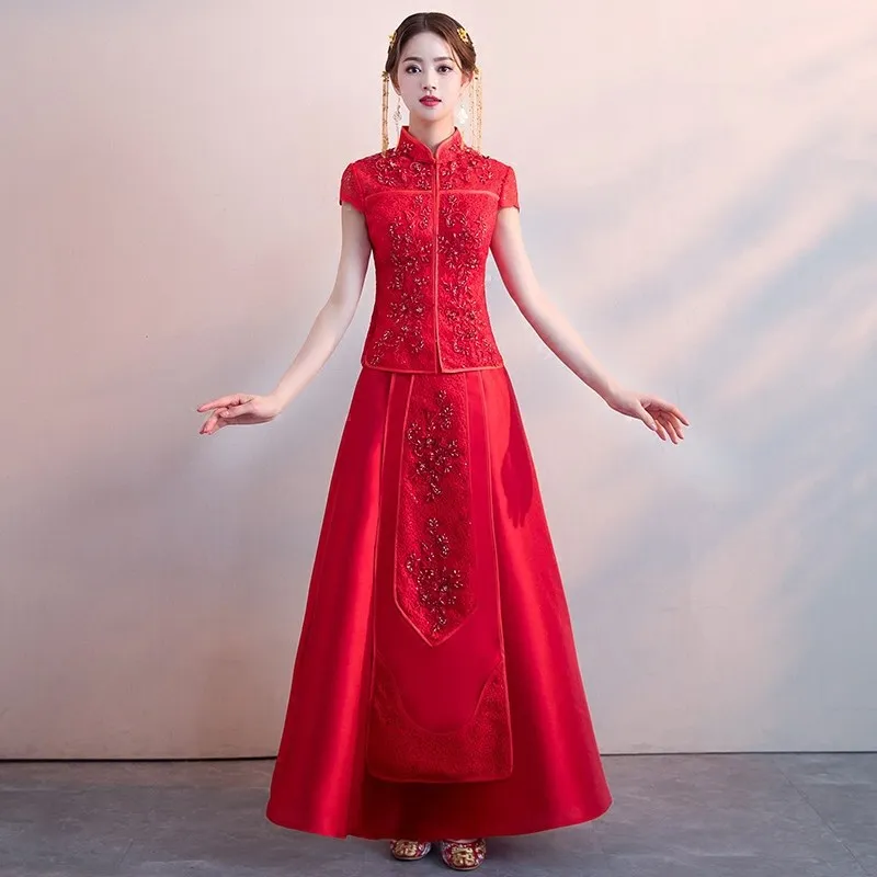 Chinese Traditional Bride Wedding Dress New Red Short Sleeve Cheongsam Set Print Floral Handmade Beads Embroidery Evening Gowns
Chinese Traditional Bride Wedding Dress New Red Short Sleeve Cheongsam Set Print Floral Handmade Beads Embroidery Evening Gowns