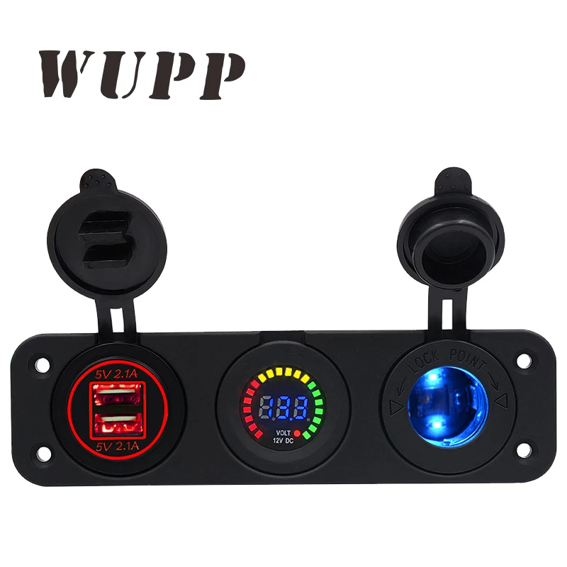 

WUPP Waterproof Dual Usb Car Charger 5V 4.2A Cigarette Lighter Socket 12V Voltmeter Blue Red Green Combination Panel