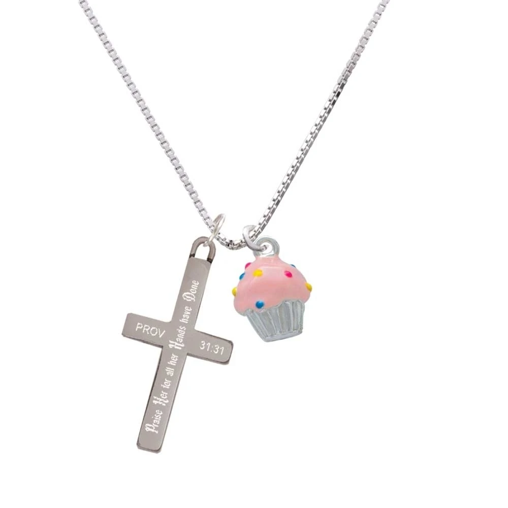 3-D Pink Cupcake with Sprinkles - Praise Her - Cross Necklace