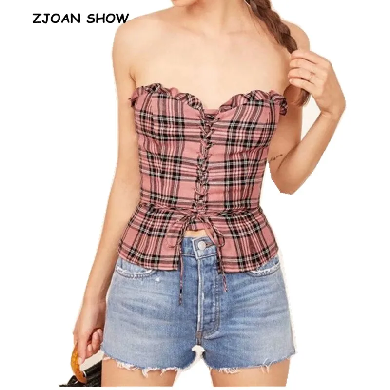 2019 Sexy Cross Lacing Up Wood ears Gingham Plaid Strapless Corset Camisole Tank Top Backless Cropped Top Women Skinny Camis Top
2019 Sexy Cross Lacing Up Wood ears Gingham Plaid Strapless Corset Camisole Tank Top Backless Cropped Top Women Skinny Camis Top