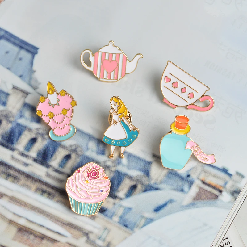 14 pcs/set Fairy Alice Hat Cake Castle Heart Crown Candle Syrup Rabbit Clock Cat Kitten Brooch Button Pins Jacket Badge Jewelry 16