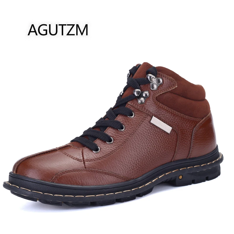 

AGUTZM RB9903 New Fashion Low Top Lace Up 100% Genuine Leather With Plush Keep Warm Men's Ankle Boots Plus Size : 37-47