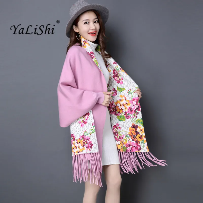YaLiShi Print Cardigan Women 2019 Winter Sweater Coat Ethnic Style Batwing Sleeves Cashmere Tassels Poncho Swing Scarf |