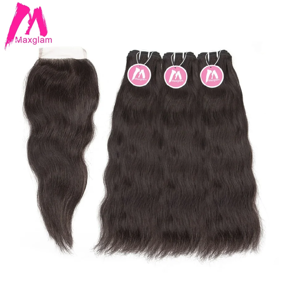 

Maxglam Raw Indian Hair Natural Straight 3 Virgin Hair Bundles with Closure Human Hair Extension Free Shipping