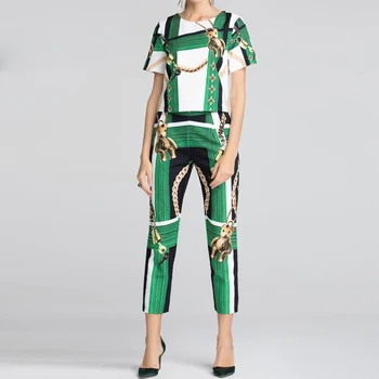 High quality new fashion 2019 summer designer green suit set Women's short-sleeved blouse tops and printed pants two-piece set
High quality new fashion 2019 summer designer green suit set Women's short-sleeved blouse tops and printed pants two-piece set