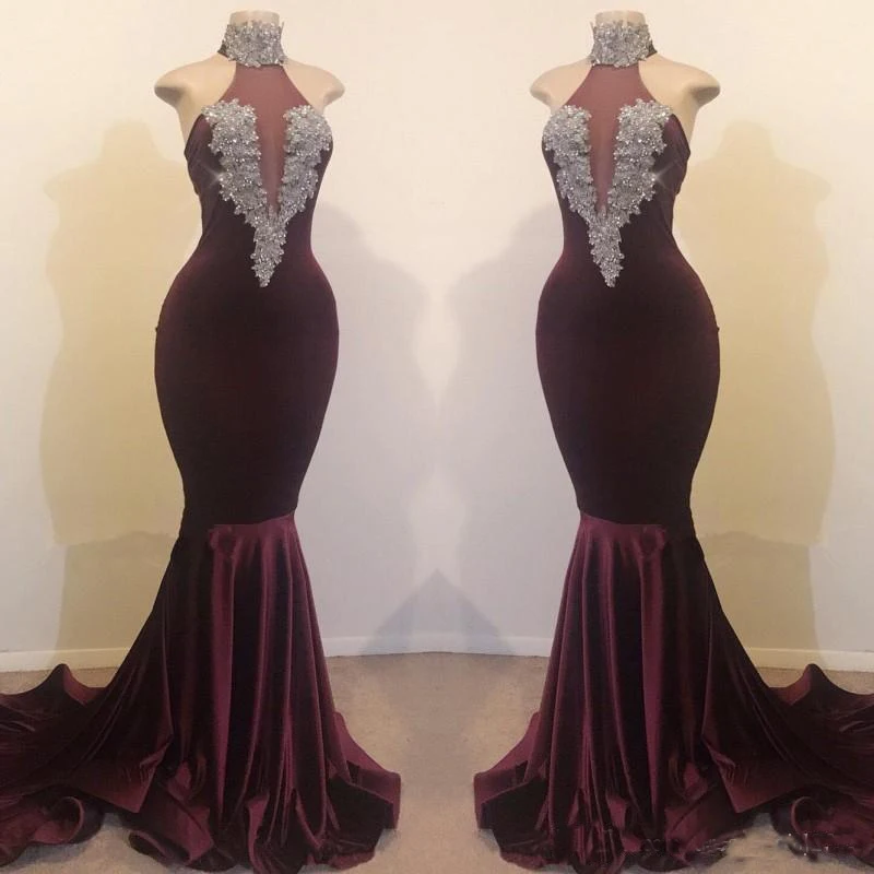 2019 Halter Velvet Mermaid Long Prom Dresses Illusion Lace Applique Beaded Sweep Train Evening Gowns Vestidos De Festa | Свадьбы и