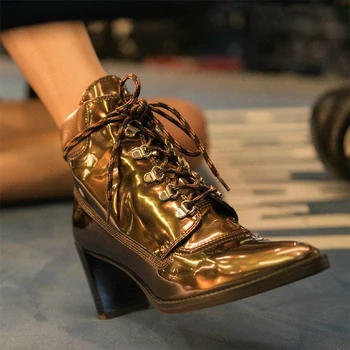 Gigi Women Ankle Boots Silver Mirror Leather Chunky High Heels Booties Lace Up Metallic Martin Boots Big Size 43 Botas Mujer
Gigi Women Ankle Boots Silver Mirror Leather Chunky High Heels Booties Lace Up Metallic Martin Boots Big Size 43 Botas Mujer