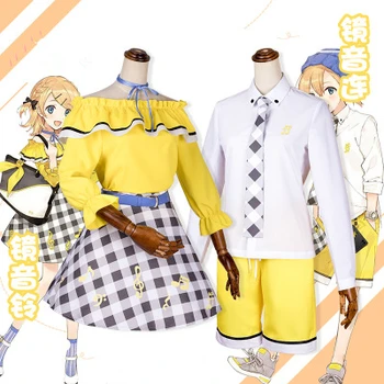 

High Quallity Japanese Anime Kagamine Rin/len Man Woman Cosplay Costume Bowknot + Tie + Top + Skirt + Belt + Scoks