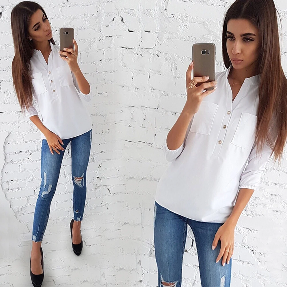 Casual Pocket Women Shirts Vintage Button Office Slim Women Tops And Blouse Solid V Neck Three Quarter Tunic Ladies Blouses
Casual Pocket Women Shirts Vintage Button Office Slim Women Tops And Blouse Solid V Neck Three Quarter Tunic Ladies Blouses