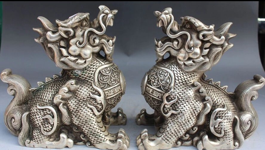 8" Chinese Silver Wealth Monyey kylin Chi-Lin Kirin Guardion Beast Pair Statue S0706
8" Chinese Silver Wealth Monyey kylin Chi-Lin Kirin Guardion Beast Pair Statue S0706