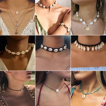 

Jisensp Boho Ocean Beach Cowrie Shells Necklace Women Multi Layered Conch Chain Pendant Necklace Choker Hawaiian Kolye Collares