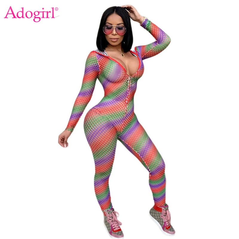Adogirl Rainbow Colorful Fishnet Hooded Romper Women Bandage Jumpsuit Sexy Zipper Front Long Sleeve Club Overall Siamese Trouser
Adogirl Rainbow Colorful Fishnet Hooded Romper Women Bandage Jumpsuit Sexy Zipper Front Long Sleeve Club Overall Siamese Trouser