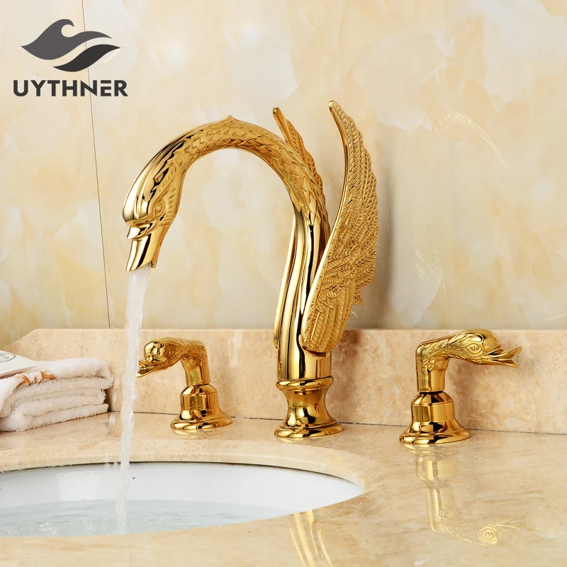 Newly Luxury Gold Plate 3Pcs Bathroom Sink Faucet Basin Mixer Tap Swan Style Vessel Faucet 2 Handles Gold Polished
Newly Luxury Gold Plate 3Pcs Bathroom Sink Faucet Basin Mixer Tap Swan Style Vessel Faucet 2 Handles Gold Polished