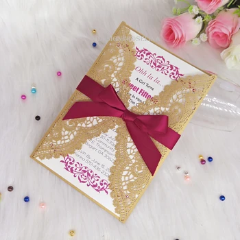Gold Wedding Invitations with Burgundy Ribbon Floral Laser Cut Quinceanera Invitation Sweet 15th Birthday Greeting Cards
Gold Wedding Invitations with Burgundy Ribbon Floral Laser Cut Quinceanera Invitation Sweet 15th Birthday Greeting Cards
