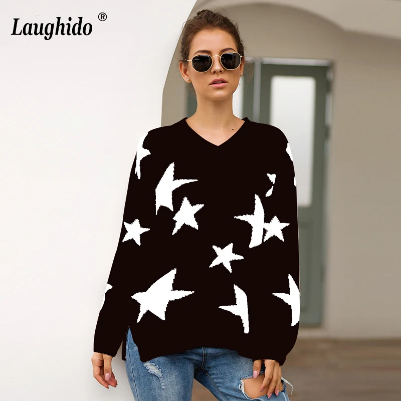 Laughido V Neck Star Print Sweaters Women Autumn Winter Split Side Jumpers Loose Vintage Knitted Warm Lazy Style Sweaters Femme
Laughido V Neck Star Print Sweaters Women Autumn Winter Split Side Jumpers Loose Vintage Knitted Warm Lazy Style Sweaters Femme