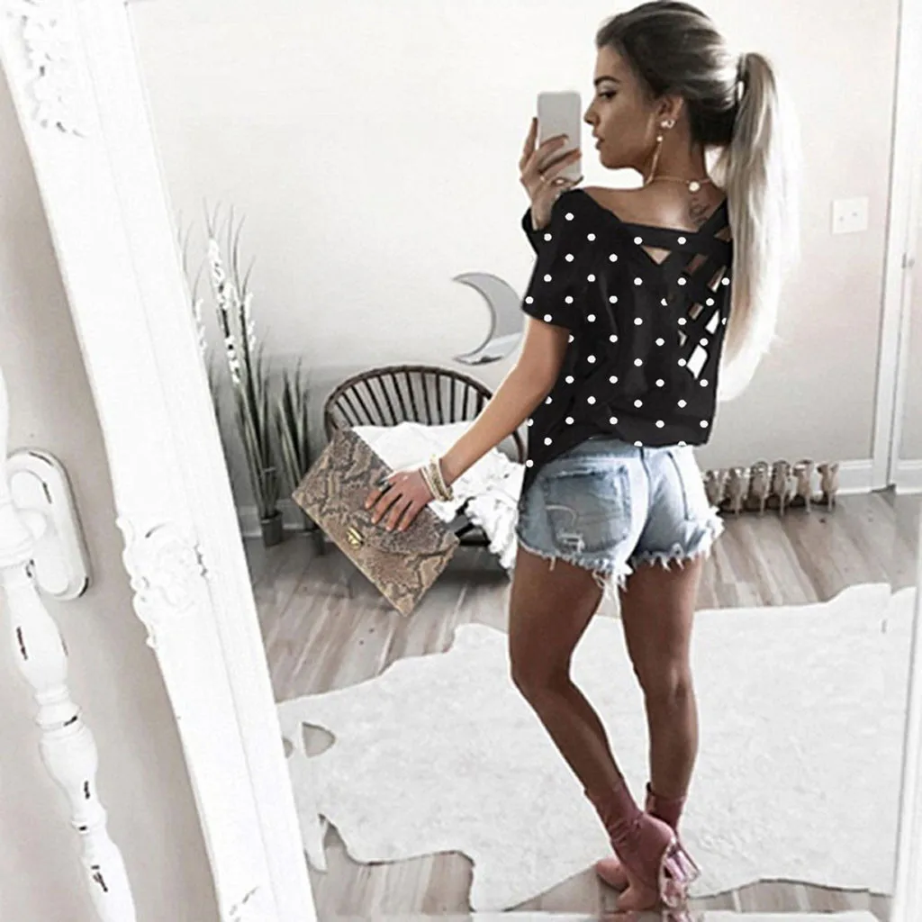 JAYCOSIN 2019 Fashion Womens Short Sleeve Shirt Back cross strap t-shirts Ladies Casual Ladies Tops Dot T-Shirt dropshipping 529
JAYCOSIN 2019 Fashion Womens Short Sleeve Shirt Back cross strap t-shirts Ladies Casual Ladies Tops Dot T-Shirt dropshipping 529