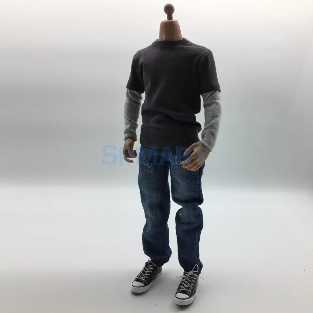 1/6 Scale Mens Outfits Clothes Dark Gray Long T-shirt Jeans and Canvas Shoes Set for 12inch Action Figure Accessories 1/6 Scale Mens Outfits Clothes Dark Gray Long T-shirt Jeans and Canvas Shoes Set for 12inch Action Figure Accessories