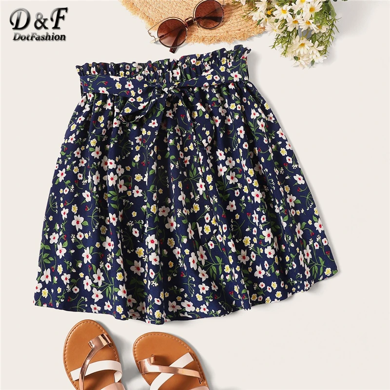 

Dotfashion Navy Ditsy Floral Print Paperbag Waist Belted Skirt Women 2019 Summer Casual Ladies Fashion Mid Waist Boho Skirts