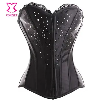 Black Lace Top Satin Stud Rhinestone Bustier Corset Sexy Corselet Overbust Corpetes E Espartilhos Para Festa Gothic Clothing
Black Lace Top Satin Stud Rhinestone Bustier Corset Sexy Corselet Overbust Corpetes E Espartilhos Para Festa Gothic Clothing