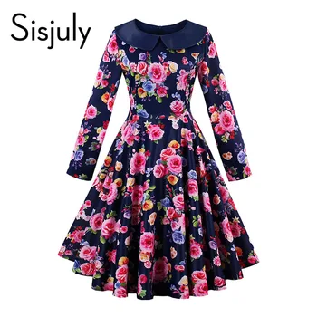 Sisjuly Pin Up Женские винтажные летнее платье синим цветочным принтом рябить воротник Длинные рукава праздничное платье элегантные винтажные ж... Sisjuly Pin Up Женские винтажные летнее платье синим цветочным принтом рябить воротник Длинные рукава праздничное платье элегантные винтажные ж...