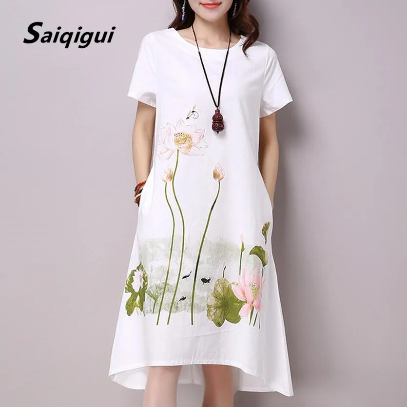 

Saiqigui Summer Dress Plus Size Short Sleeve White Women Dress Casual Cotton Linen Dress Lotus Printing O-Neck Vestidos de Festa