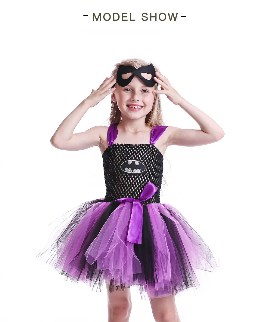 Bat Man Superhero Girls Tutu Dress with Mask Children Halloween Cosplay Costume Bat Girl Kids Tulle Party Dress Vestidos (5)