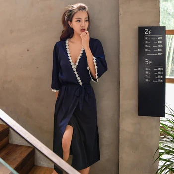 Casual Twinset Robe Set Navy Blue Kimono Bath Gown Lady Night Dress Satin Nightwear Flower Home Clothes Intimate Lingerie M-XL
Casual Twinset Robe Set Navy Blue Kimono Bath Gown Lady Night Dress Satin Nightwear Flower Home Clothes Intimate Lingerie M-XL