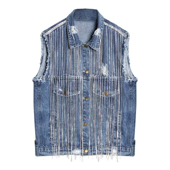 Women Frayed Denim Bomber Jacket High-end diamond-studded sleeveless jacket Lady Vintage Outwear Autumn Fashion Hole Coat
Women Frayed Denim Bomber Jacket High-end diamond-studded sleeveless jacket Lady Vintage Outwear Autumn Fashion Hole Coat