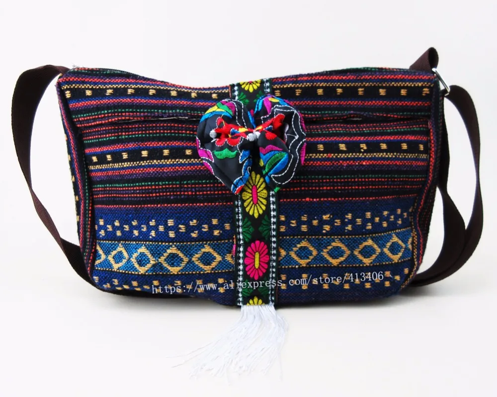 

Free shipping Vintage Hmong Tribal Ethnic Thai Indian Boho shoulder message bag handmade embroidery floral Tapestry bag SYS-1014