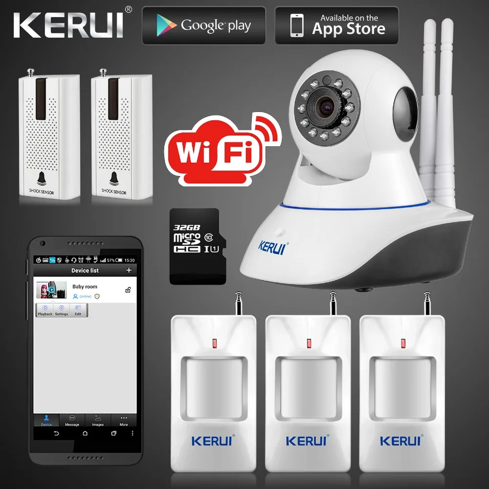 

Kerui IP Camera Wireless Wifi 720P GSM SMS with 32G SD Card Smart Home Intruder Alarm System Camera with Vibration Door sensor