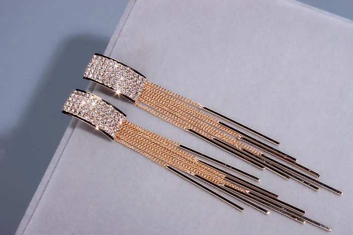 New Gold Color Long Crystal Tassel Dangle Earrings for Women Wedding Drop Earing Brinco Fashion Jewelry Gifts E1717 25
