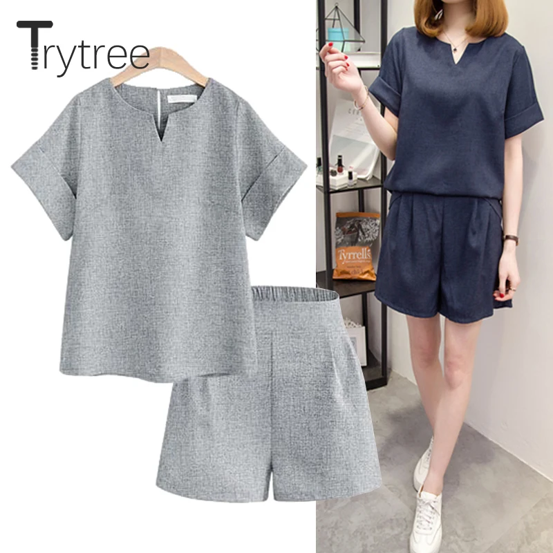 Trytree 2019 Spring summer Women two piece set Casual Cotton tops + short Soild Female plus size Suit Set Short Sleeve Sets
Trytree 2019 Spring summer Women two piece set Casual Cotton tops + short Soild Female plus size Suit Set Short Sleeve Sets