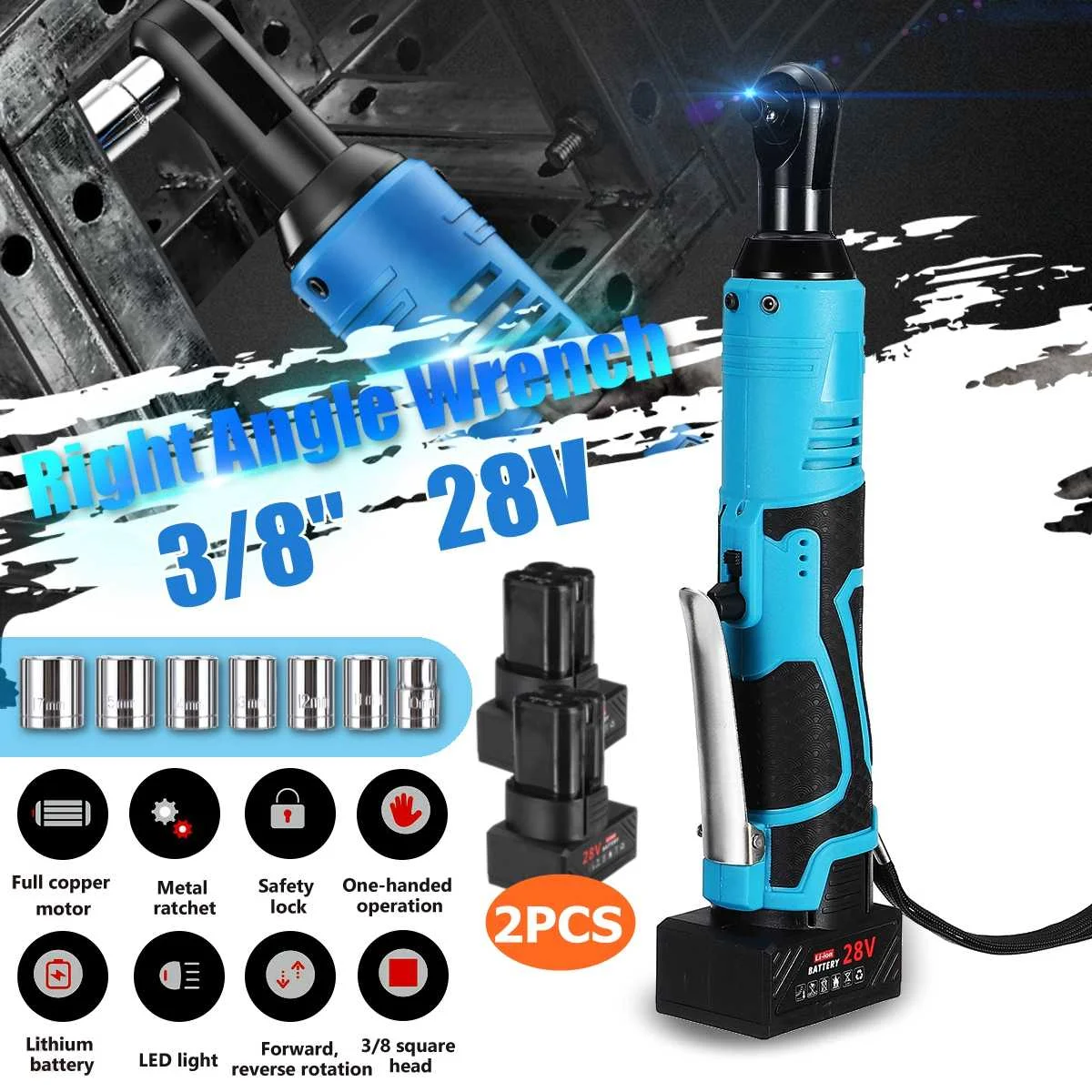 28V Portable Cordless Rechargeable Ratchet Wrench 3/8" Inch Electric Right Angle Wrench 60N.m With 2 Batteries
28V Portable Cordless Rechargeable Ratchet Wrench 3/8" Inch Electric Right Angle Wrench 60N.m With 2 Batteries