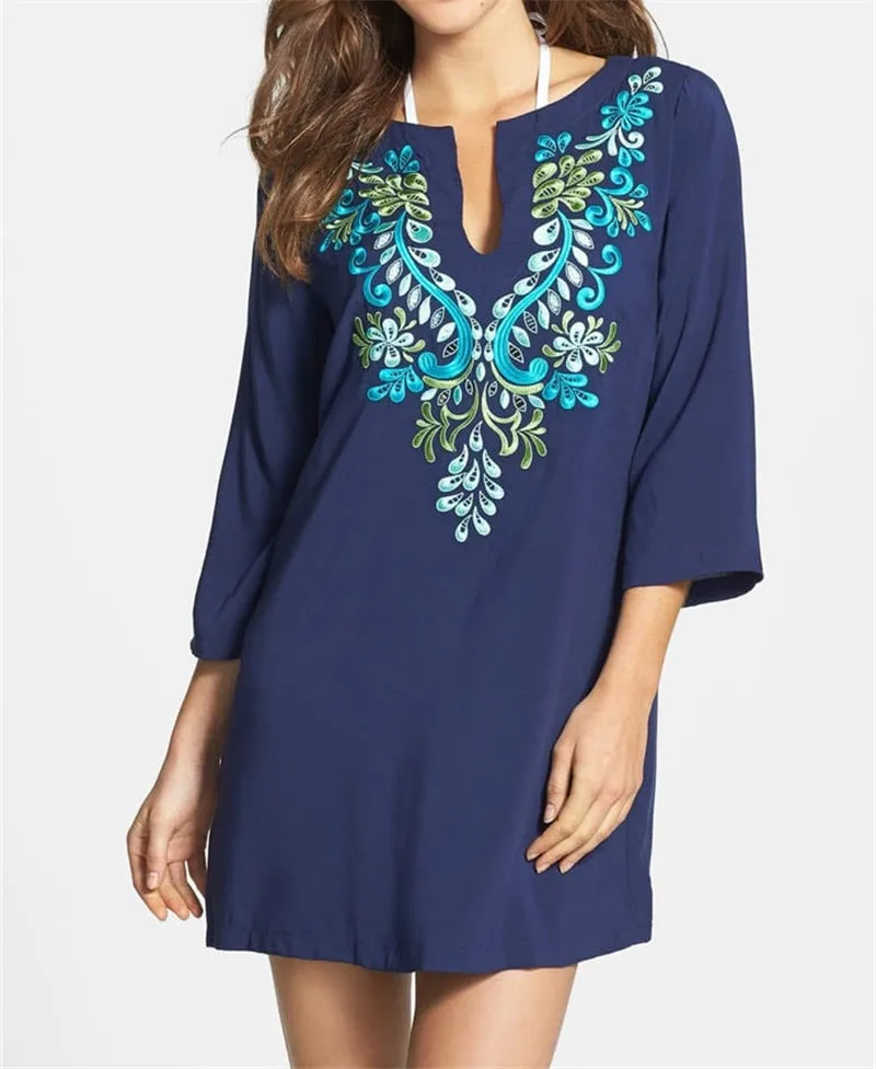 Camicia da donna estate spalla libero STYLE Boho folklore RICAMO PIZZO BIANCO-BLU
