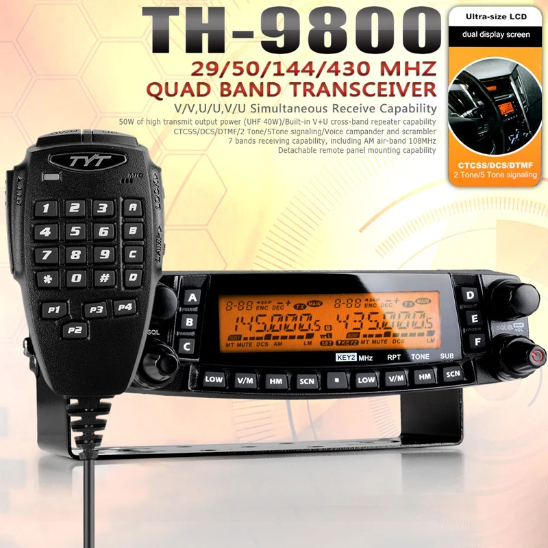 Newest Version TYT TH-9800 50W 809CH Quad Band Dual Display Scrambler CB VHF UHF Transceiver Car Truck Ham Radio+Cable
Newest Version TYT TH-9800 50W 809CH Quad Band Dual Display Scrambler CB VHF UHF Transceiver Car Truck Ham Radio+Cable