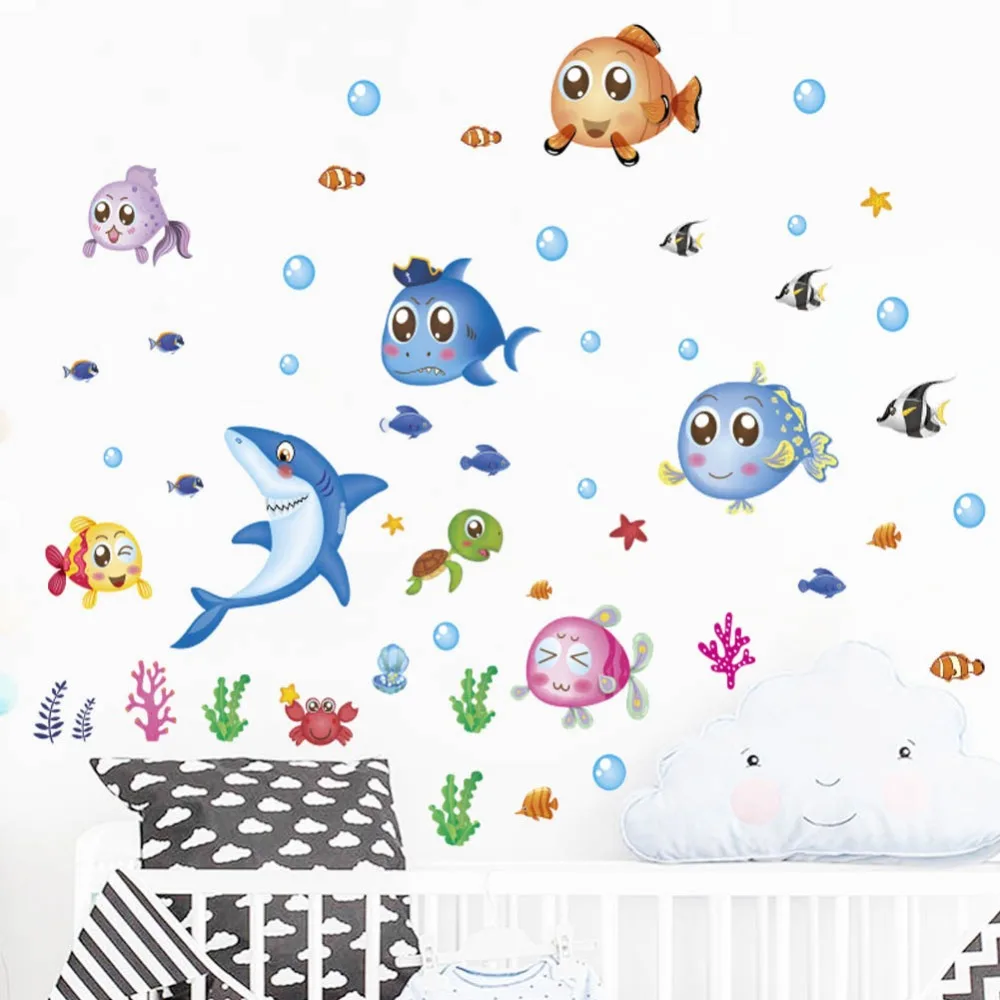 

& Underwater World Wall Stickers Fish Shark Dolphin Marine Wall Art Decals Kindergarten Nursery Kitchen Bathroom Decoration