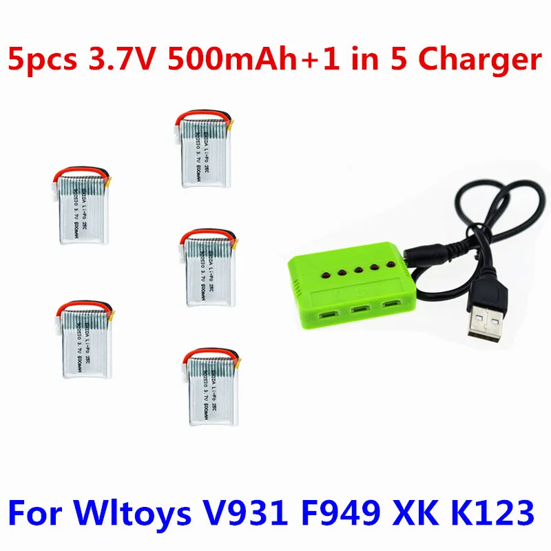 

Wltoys 5Pcs/lot 3.7V 500mAh 25C LiPo Battery+ 5 In 1 USB Charger Spare Parts For Wltoys V931 F949 XK K123 6Ch RC Helicopter