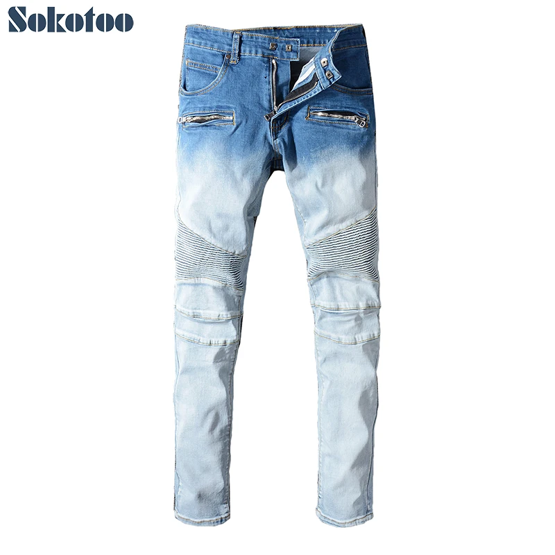 Sokotoo Men's tie and dye light blue white biker jeans for moto Plus size gradient color slim fit stretch cotton denim pants 
Sokotoo Men's tie and dye light blue white biker jeans for moto Plus size gradient color slim fit stretch cotton denim pants
