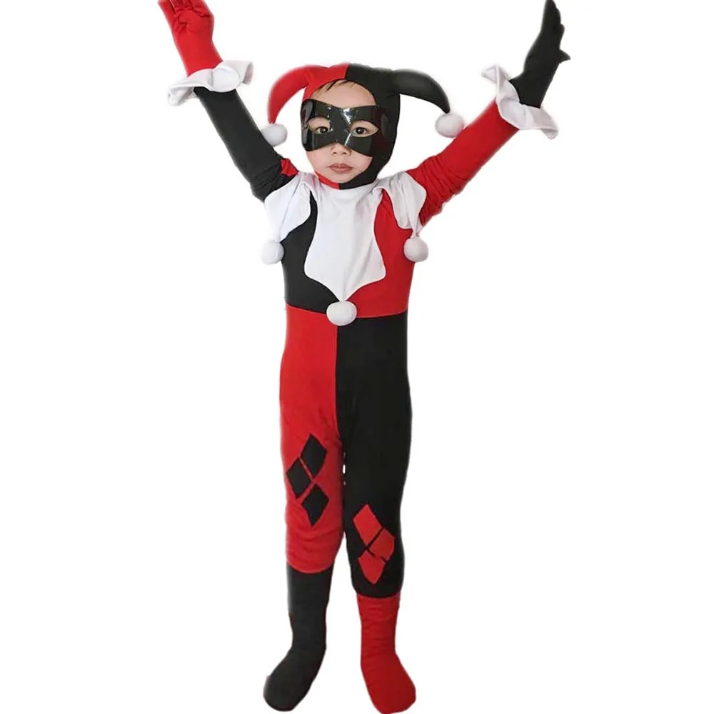 Kids Harley Quinn Costume Joker Girl Cosplay Full Bodysuit Arkham City Superhero Costumes Halloween Fancy Dress For Children Geek Mom Universe