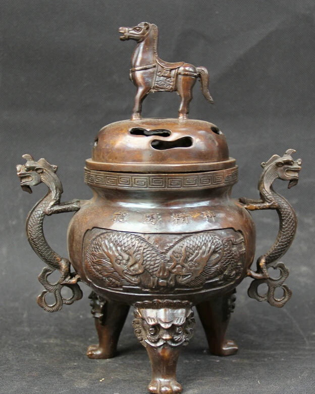 S5698 10" Marked Chinese Bronze Two Dragon Play Bead Tang Horse Incense Burner Censer D0317
S5698 10" Marked Chinese Bronze Two Dragon Play Bead Tang Horse Incense Burner Censer D0317