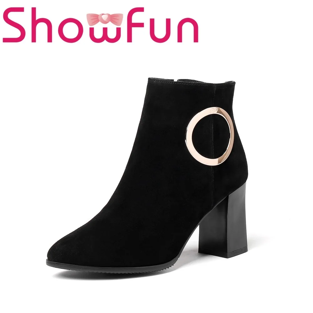 Showfun genuine leather shoes woman winter solid ankle pointed toe zipper short plush square heel boots
Showfun genuine leather shoes woman winter solid ankle pointed toe zipper short plush square heel boots