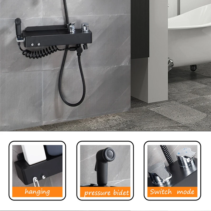 Black shower head Bathroom shelf mixing valve hot and cold faucet lifting rod shower head shower accessories 1