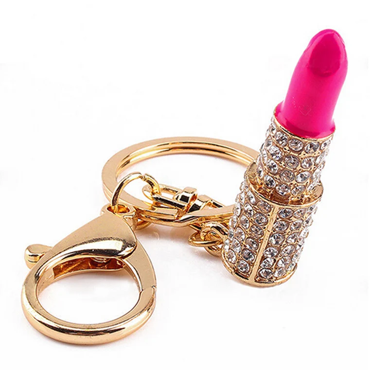 Lipstick-Rhinestone-Crystal-Keyring-Charm-Pink-Pendant-Car-Gold-KeyChain-For-Woman-Gift-GM469