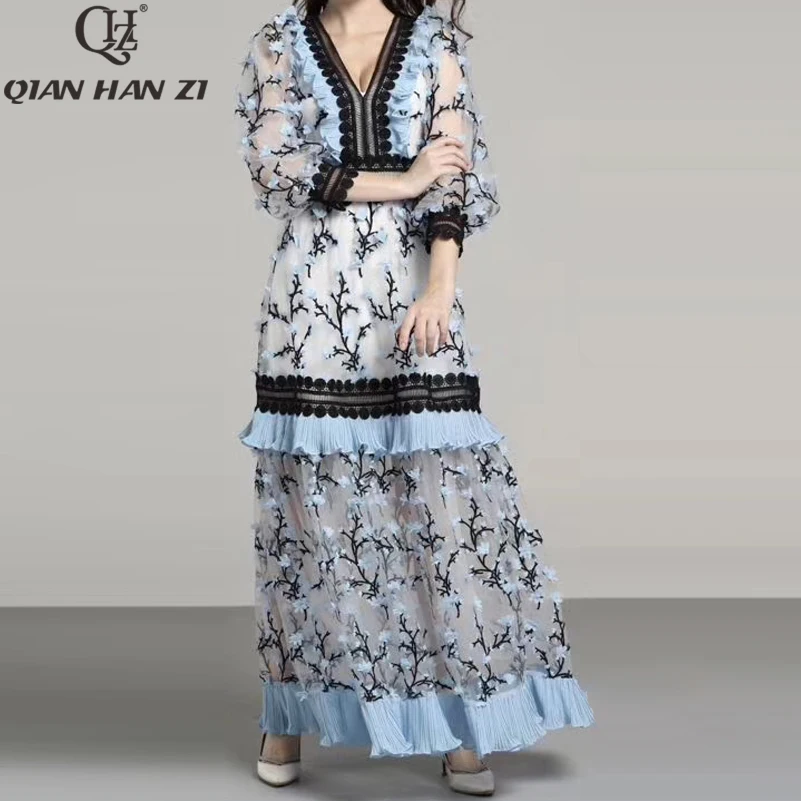 Qian Han Zi new Fashion Runway Maxi dress Women's Lantern Sleeve Mesh High Quality Embroidered V-neck Ruffled Vintage Long Dress
Qian Han Zi new Fashion Runway Maxi dress Women's Lantern Sleeve Mesh High Quality Embroidered V-neck Ruffled Vintage Long Dress