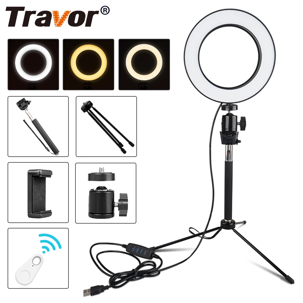 TRAVOR Photography Dimmable LED Selfie Ring Light Photo Studio Light With Phone Holder USB Plug Selfie stick Tripod For Youtube
TRAVOR Photography Dimmable LED Selfie Ring Light Photo Studio Light With Phone Holder USB Plug Selfie stick Tripod For Youtube