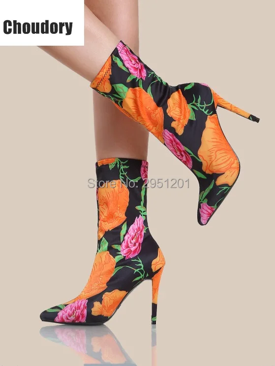 

Designer Runway Stretch Shoes Women Stiletto Sock Booties Pointed Toe Sexy High Heels Strecthy Ankle Boots Floral Print Boots